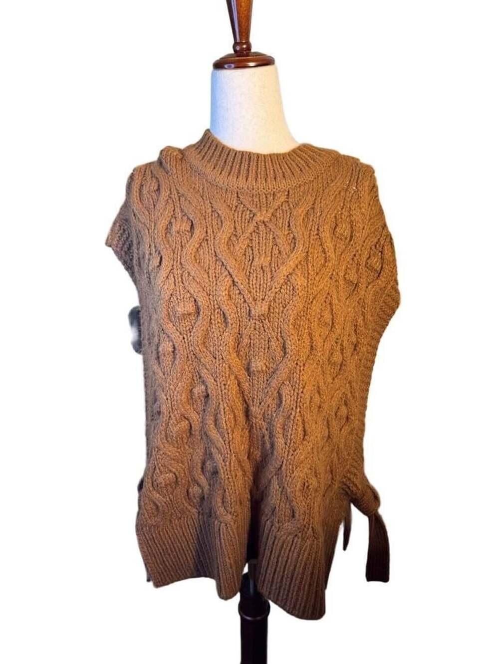 Loft Cable Knit Sweater Vest Size XS/S Brown Side Tie Poncho h1506